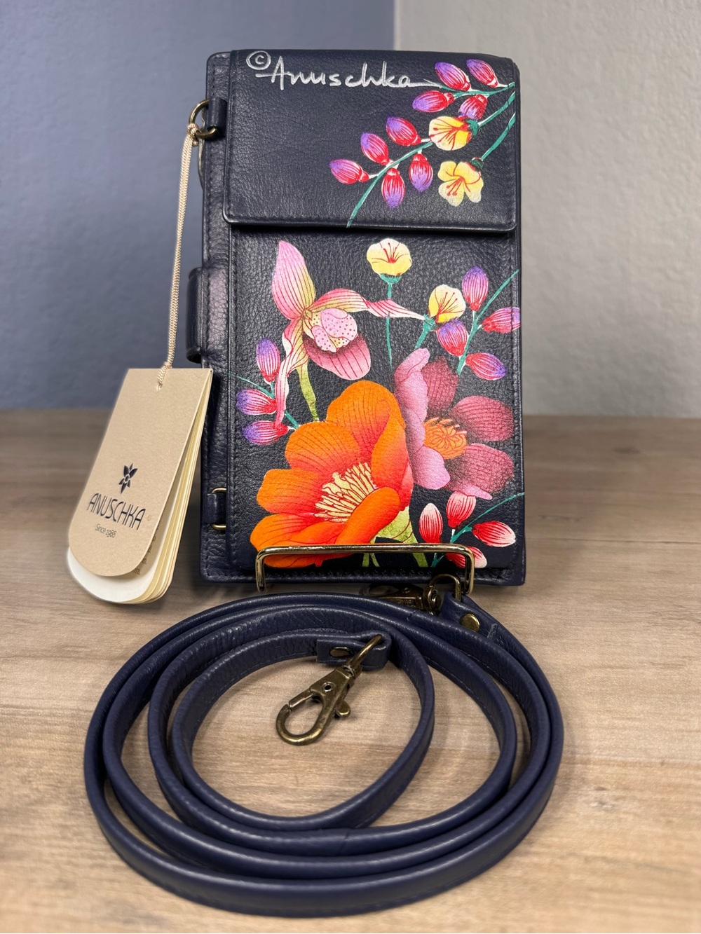 Anuschka Hand Painted Leather Phone Crossbody Wallet NWT Floral Navy